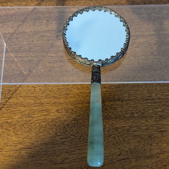 Butterfly Purse size Hand Mirror With Ornate Trim and Green Handle - Picture 3 of 9